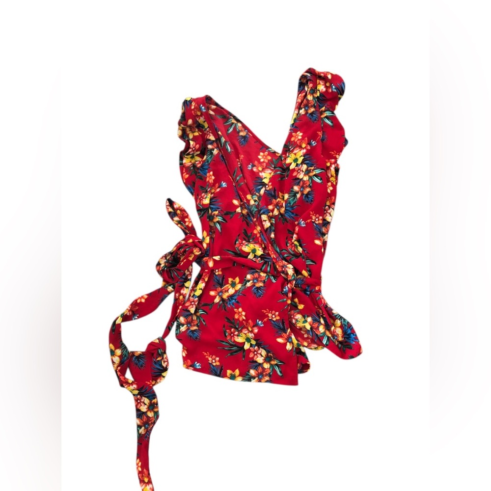 Fashion to Figure Red Floral Wrap Blouse